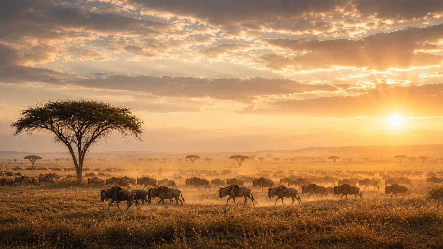 Wildebeest herd migrating across the Serengeti at golden hour
