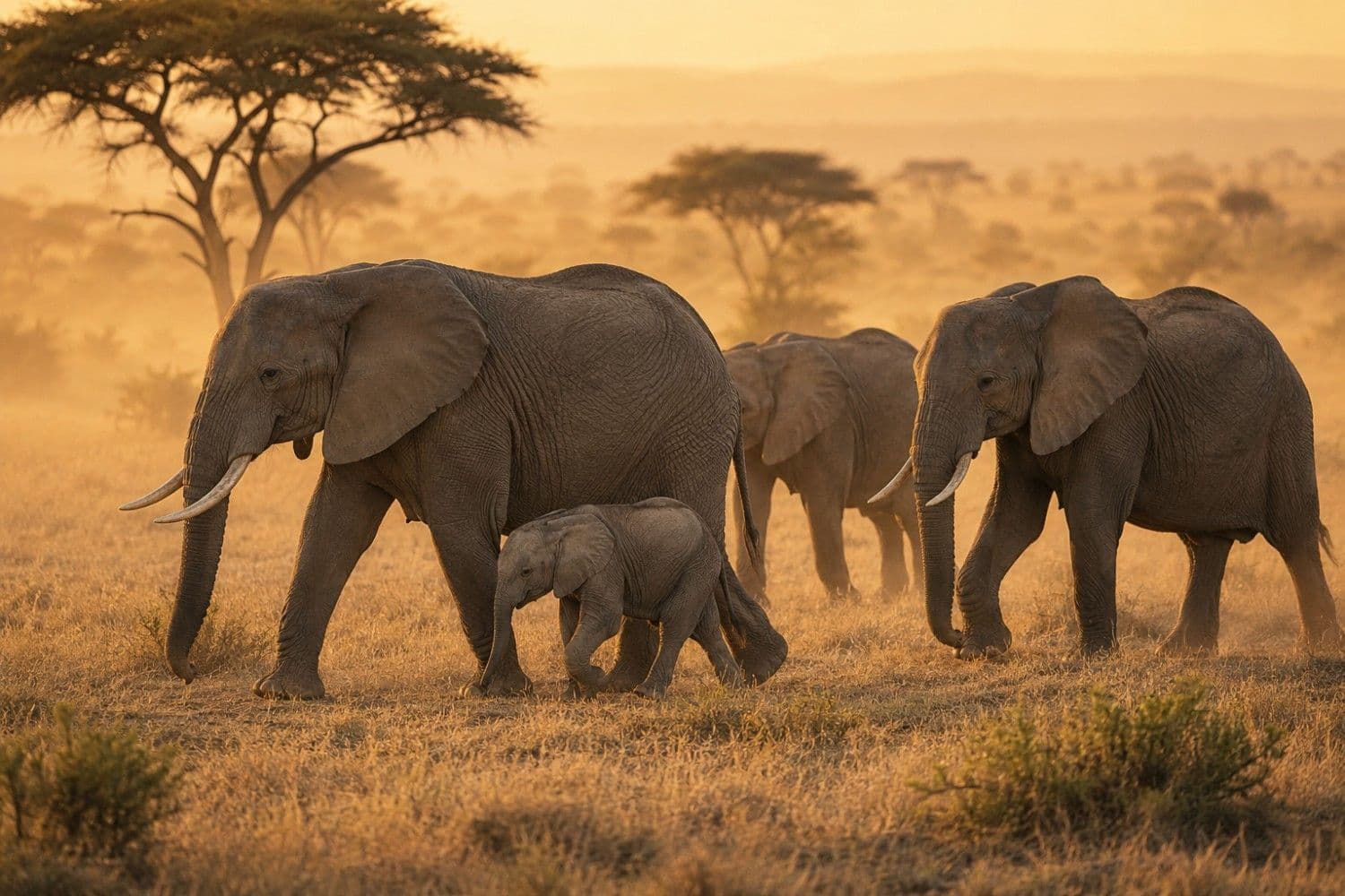 Elephant family walking through golden savanna grass at dusk