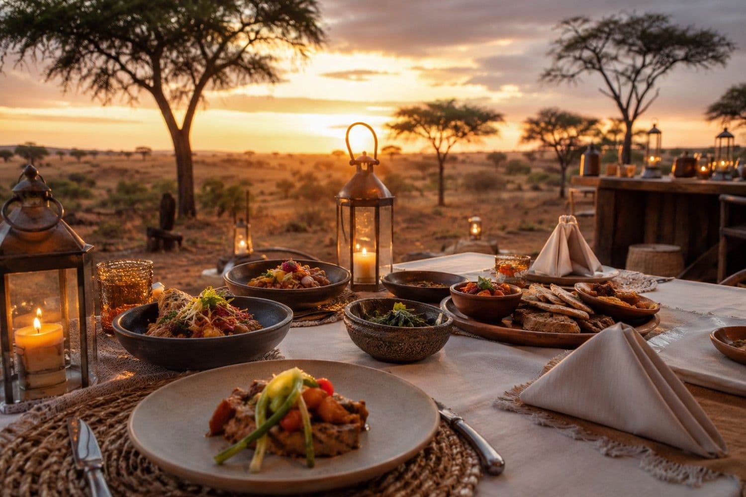Luxury outdoor dinner table set in the savanna at dusk