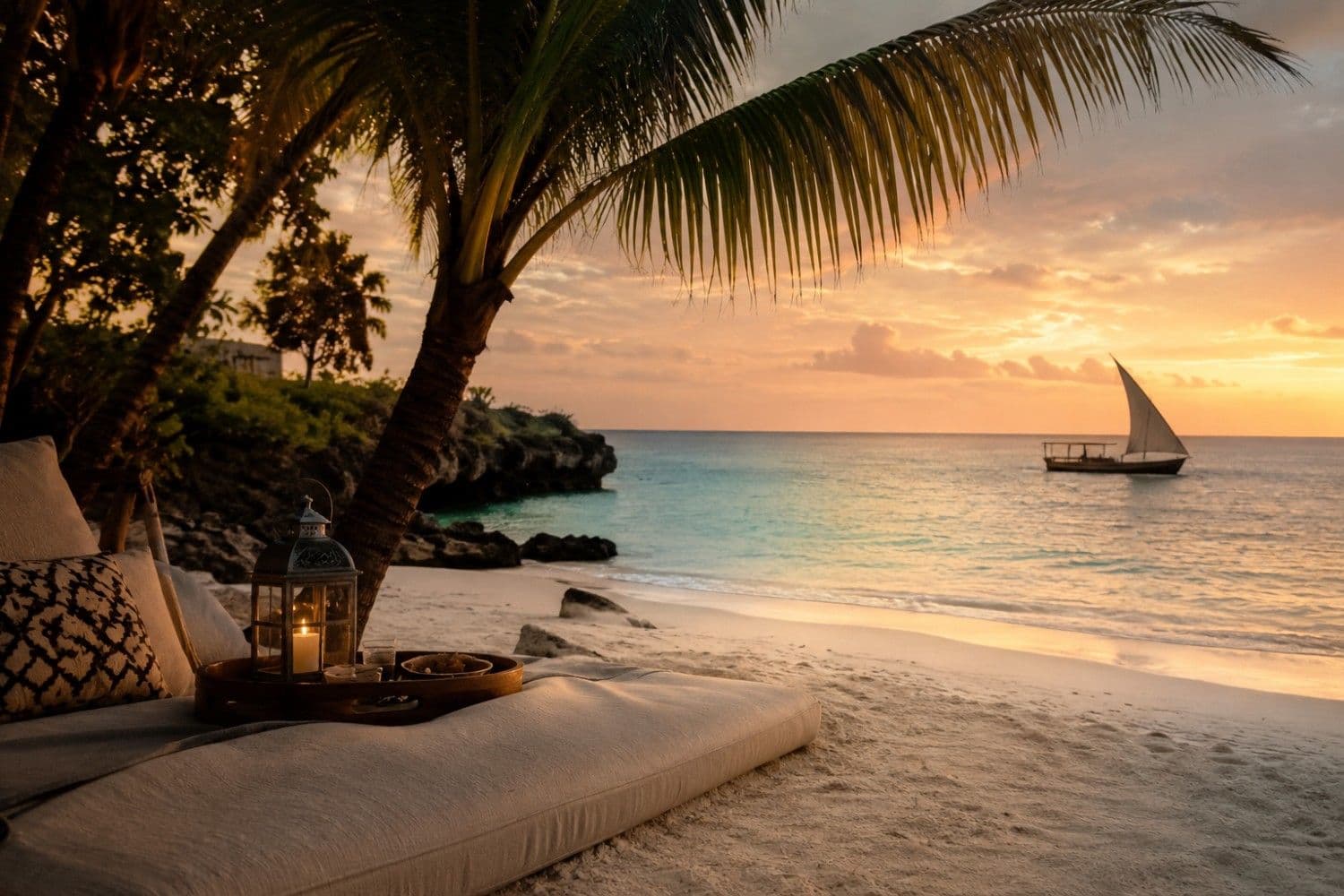 Tropical beach at sunset with a dhow sailboat on calm turquoise water