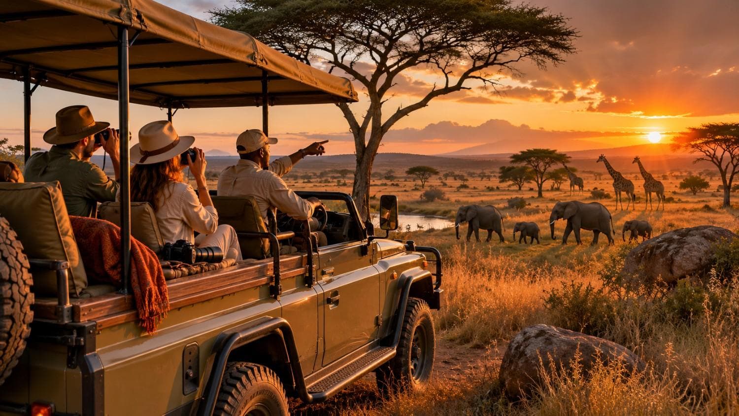 Safari guests watching wildlife from an open vehicle at sunset