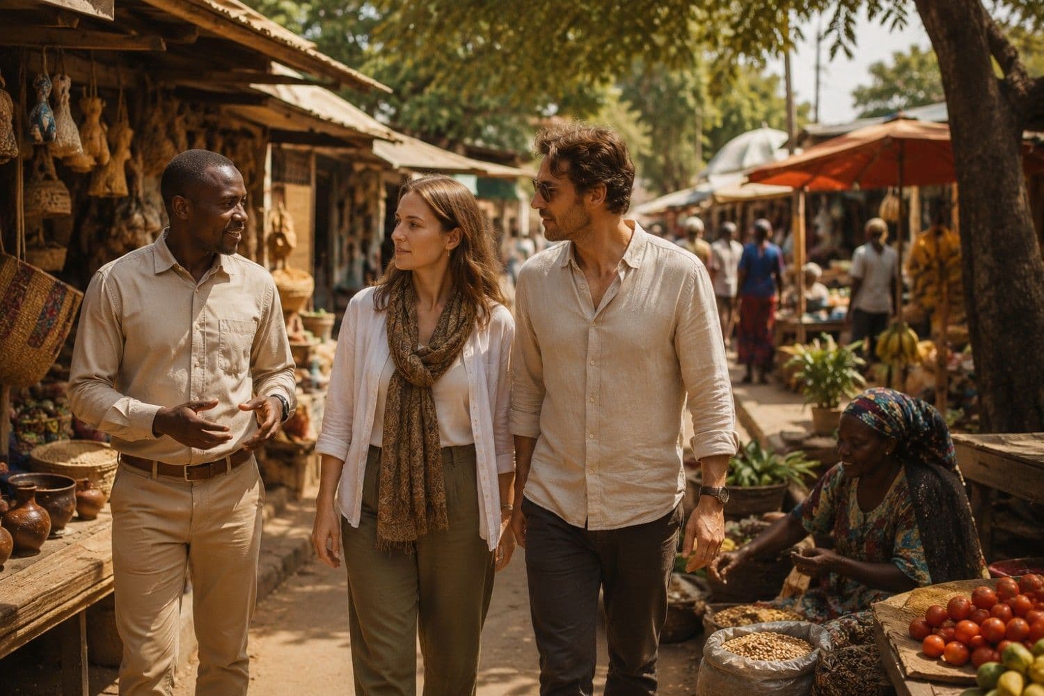 Travelers exploring a vibrant local market in Tanzania