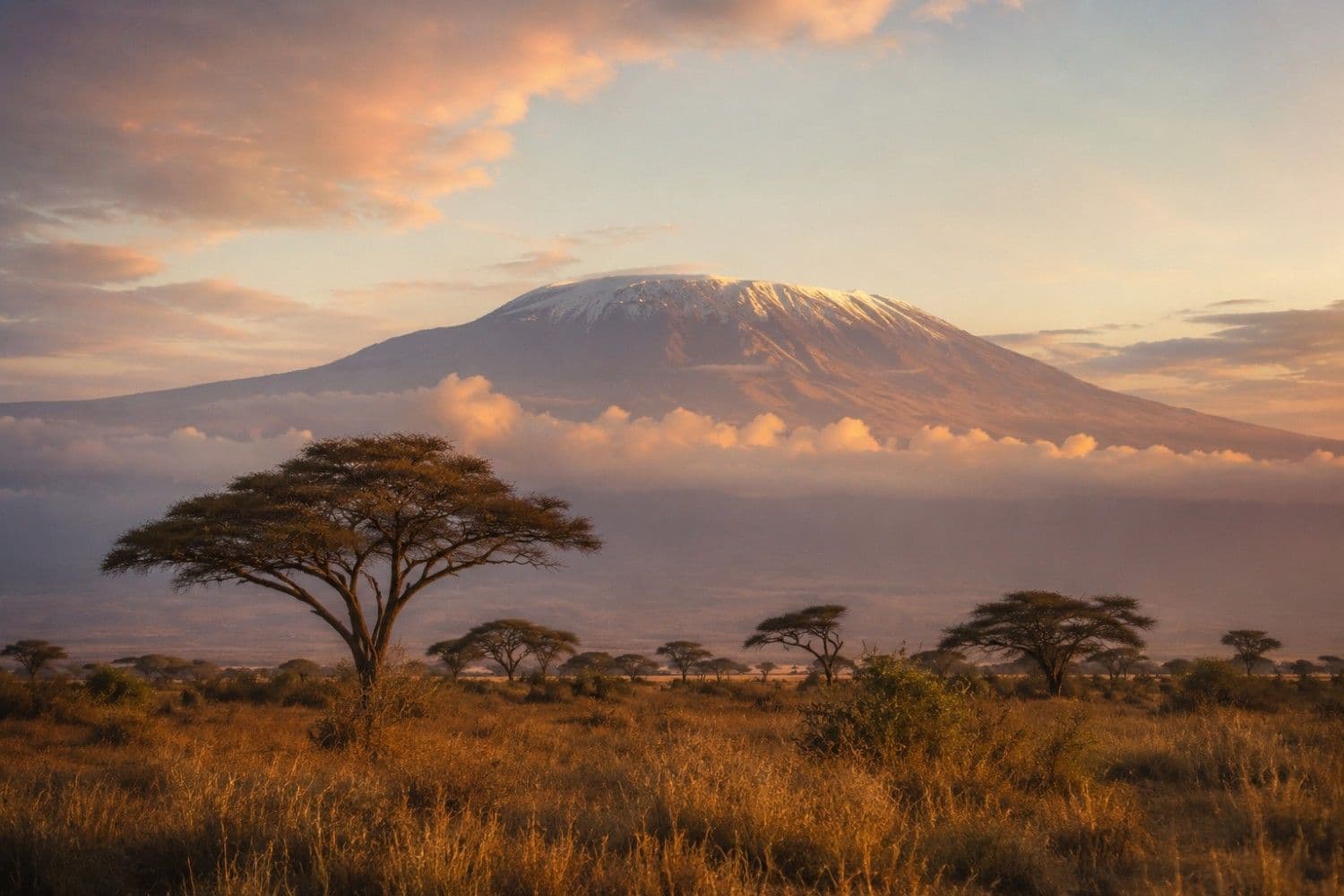 Mount Kilimanjaro viewed across the savanna at golden hour