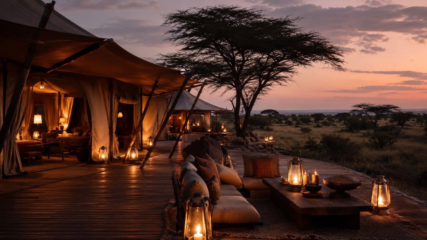 Luxury safari camp tents on a deck at dusk overlooking the savanna